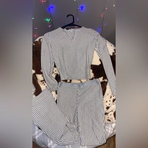 Striped Ribbed Lounge Set - Gray/White